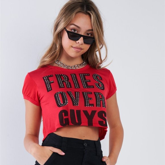 Red "FRIES OVER GUYS" Graphic Studs Detail CropTop - Picture 2 of 5